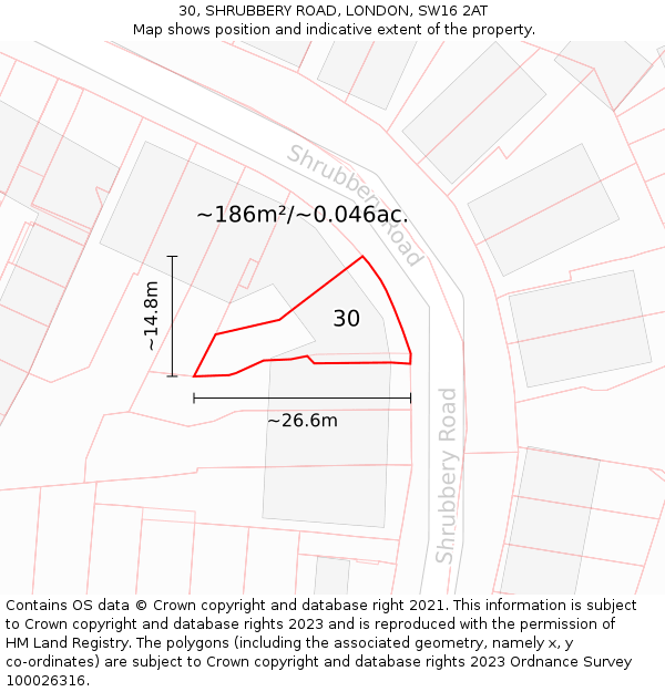 30, SHRUBBERY ROAD, LONDON, SW16 2AT: Plot and title map