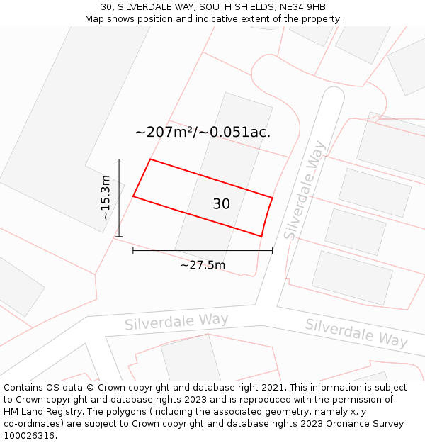 30, SILVERDALE WAY, SOUTH SHIELDS, NE34 9HB: Plot and title map