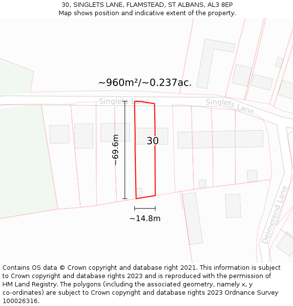 30, SINGLETS LANE, FLAMSTEAD, ST ALBANS, AL3 8EP: Plot and title map