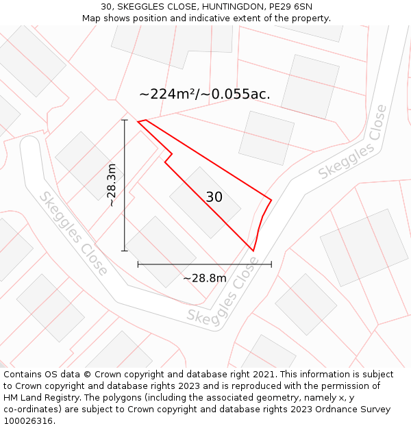 30, SKEGGLES CLOSE, HUNTINGDON, PE29 6SN: Plot and title map
