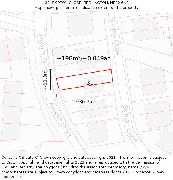 30, SKIPTON CLOSE, BEDLINGTON, NE22 6NP: Plot and title map