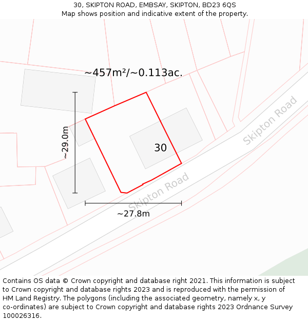 30, SKIPTON ROAD, EMBSAY, SKIPTON, BD23 6QS: Plot and title map