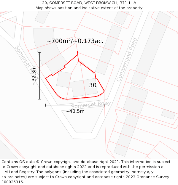 30, SOMERSET ROAD, WEST BROMWICH, B71 1HA: Plot and title map