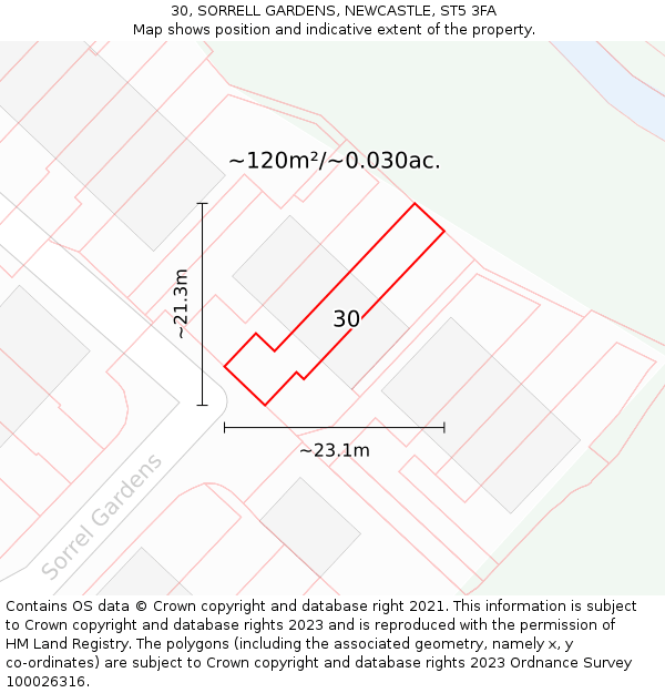 30, SORRELL GARDENS, NEWCASTLE, ST5 3FA: Plot and title map