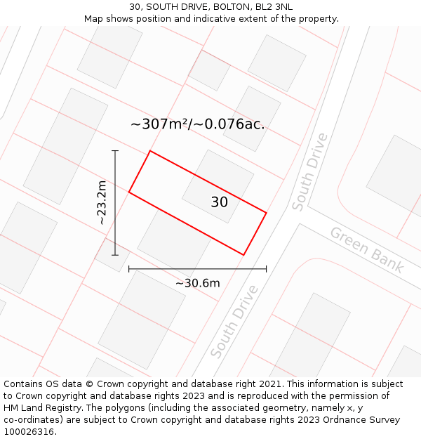 30, SOUTH DRIVE, BOLTON, BL2 3NL: Plot and title map