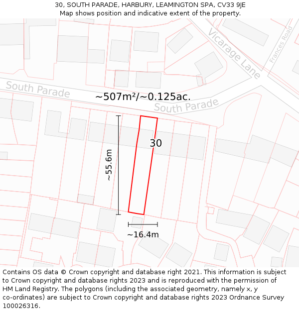 30, SOUTH PARADE, HARBURY, LEAMINGTON SPA, CV33 9JE: Plot and title map