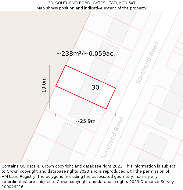 30, SOUTHEND ROAD, GATESHEAD, NE9 6XT: Plot and title map