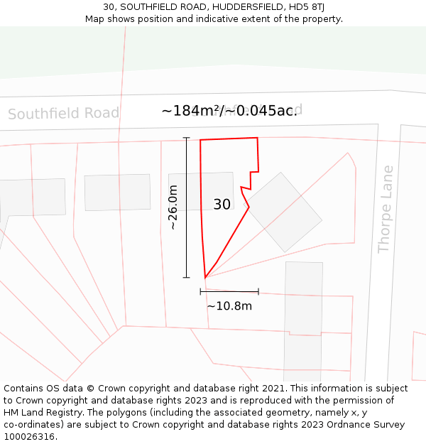 30, SOUTHFIELD ROAD, HUDDERSFIELD, HD5 8TJ: Plot and title map