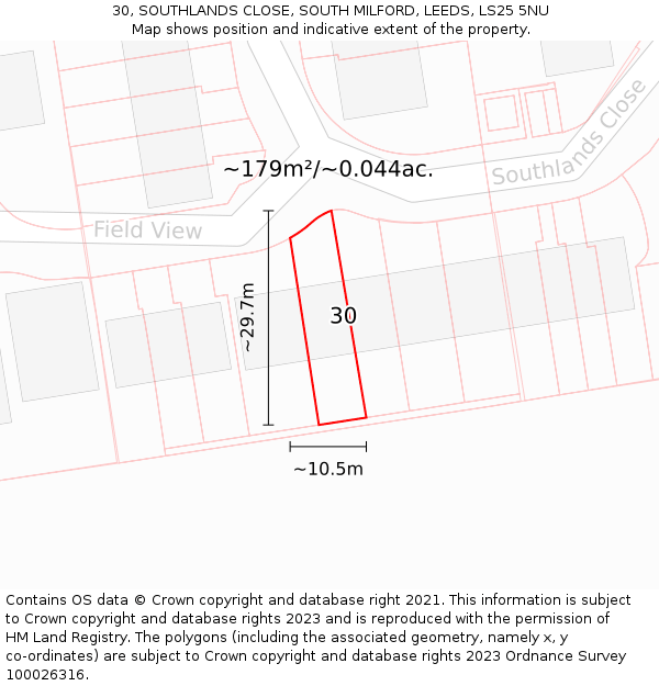 30, SOUTHLANDS CLOSE, SOUTH MILFORD, LEEDS, LS25 5NU: Plot and title map