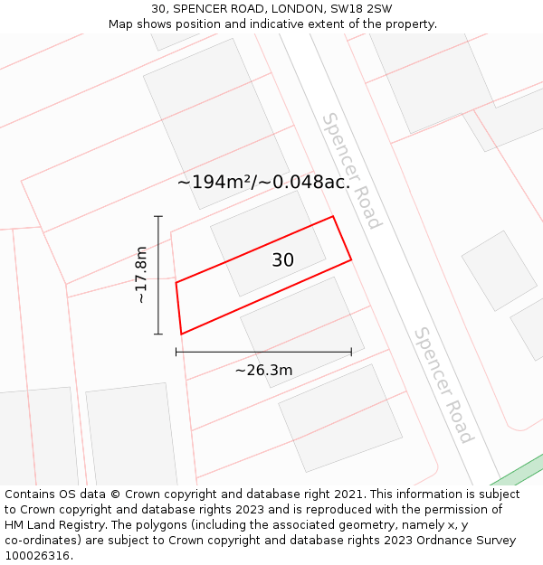 30, SPENCER ROAD, LONDON, SW18 2SW: Plot and title map