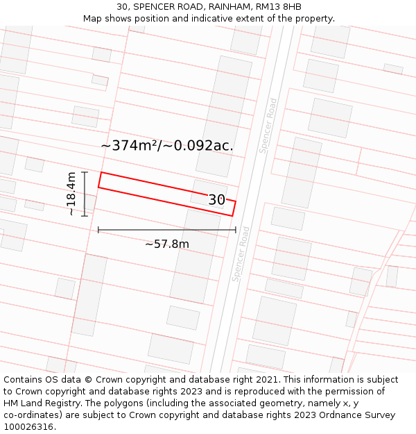 30, SPENCER ROAD, RAINHAM, RM13 8HB: Plot and title map
