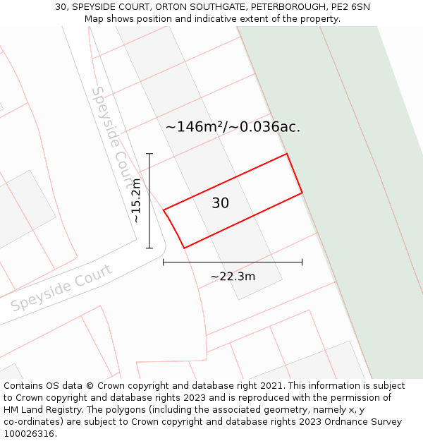 30, SPEYSIDE COURT, ORTON SOUTHGATE, PETERBOROUGH, PE2 6SN: Plot and title map