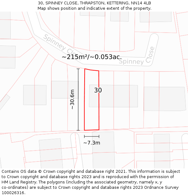 30, SPINNEY CLOSE, THRAPSTON, KETTERING, NN14 4LB: Plot and title map