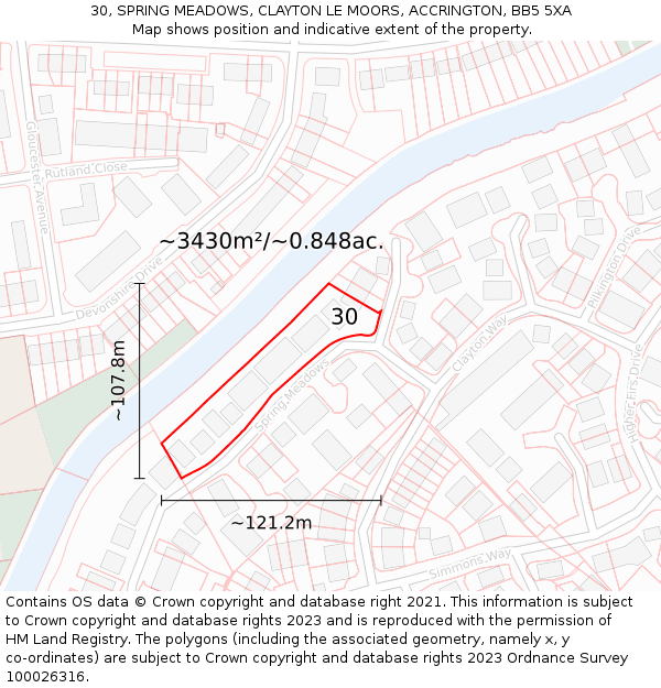 30, SPRING MEADOWS, CLAYTON LE MOORS, ACCRINGTON, BB5 5XA: Plot and title map