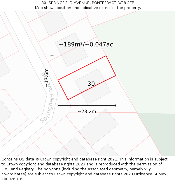 30, SPRINGFIELD AVENUE, PONTEFRACT, WF8 2EB: Plot and title map