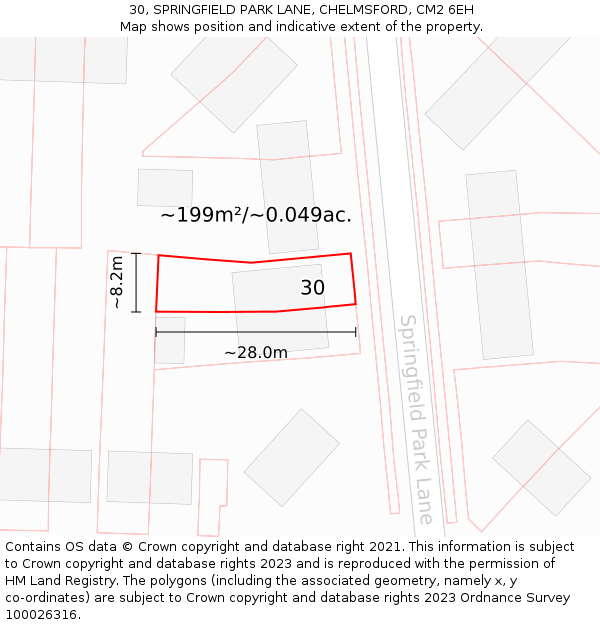 30, SPRINGFIELD PARK LANE, CHELMSFORD, CM2 6EH: Plot and title map