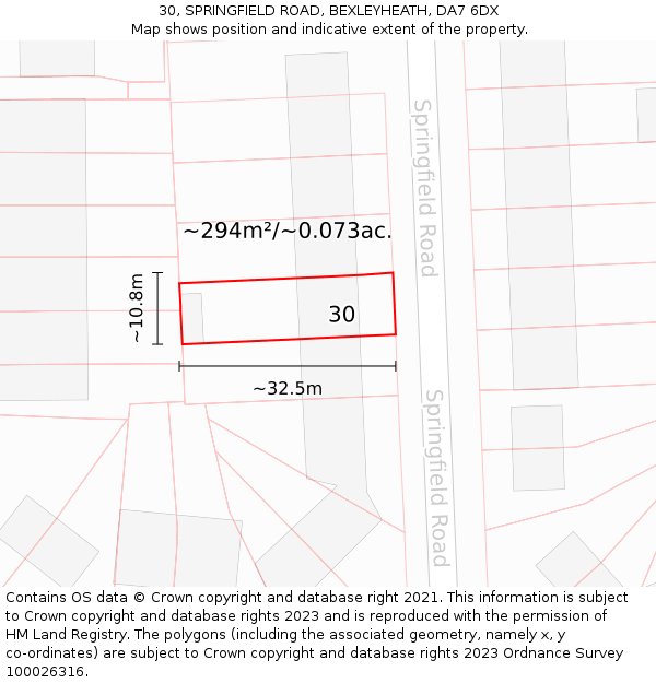 30, SPRINGFIELD ROAD, BEXLEYHEATH, DA7 6DX: Plot and title map