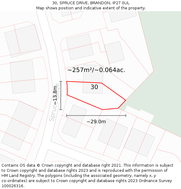 30, SPRUCE DRIVE, BRANDON, IP27 0UL: Plot and title map