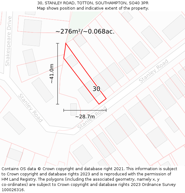 30, STANLEY ROAD, TOTTON, SOUTHAMPTON, SO40 3PR: Plot and title map