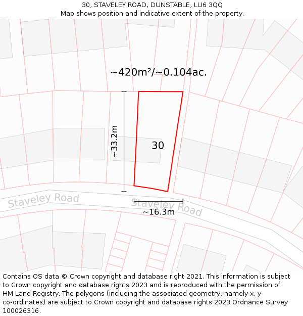 30, STAVELEY ROAD, DUNSTABLE, LU6 3QQ: Plot and title map
