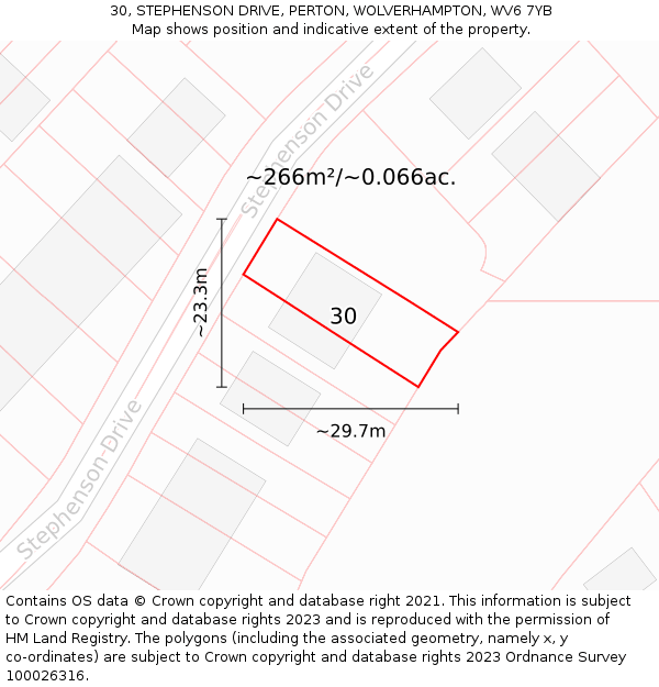 30, STEPHENSON DRIVE, PERTON, WOLVERHAMPTON, WV6 7YB: Plot and title map
