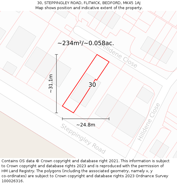 30, STEPPINGLEY ROAD, FLITWICK, BEDFORD, MK45 1AJ: Plot and title map