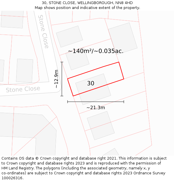30, STONE CLOSE, WELLINGBOROUGH, NN8 4HD: Plot and title map