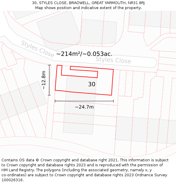30, STYLES CLOSE, BRADWELL, GREAT YARMOUTH, NR31 8RJ: Plot and title map