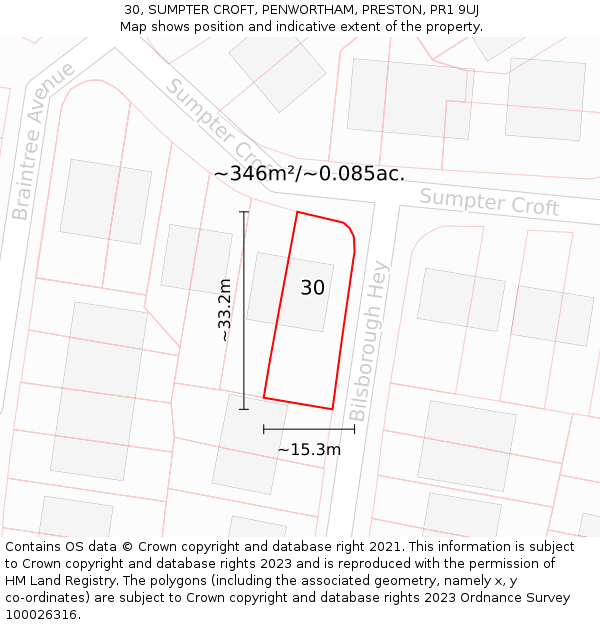 30, SUMPTER CROFT, PENWORTHAM, PRESTON, PR1 9UJ: Plot and title map