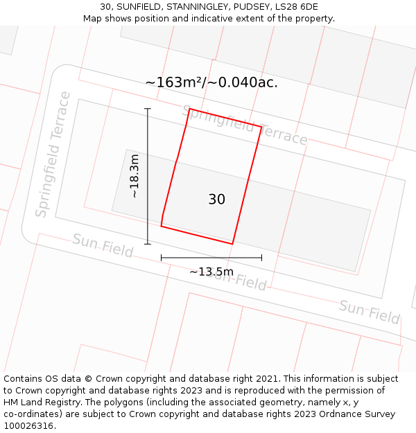 30, SUNFIELD, STANNINGLEY, PUDSEY, LS28 6DE: Plot and title map