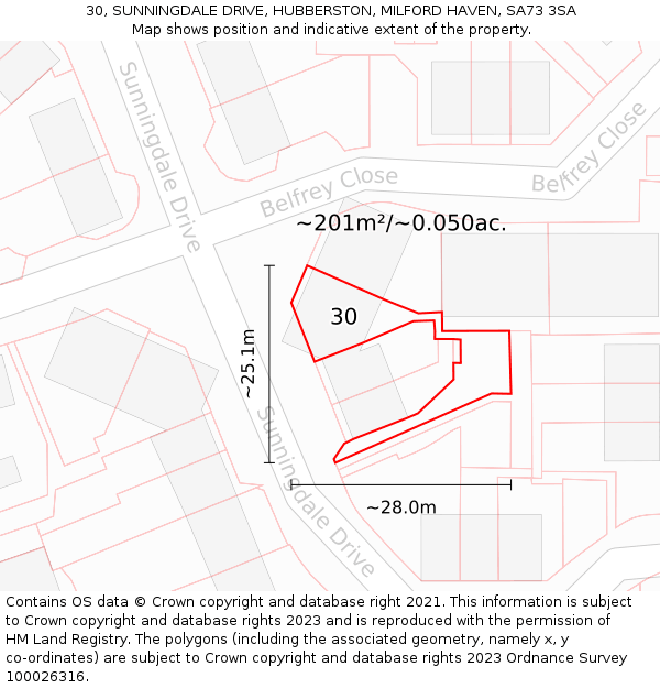 30, SUNNINGDALE DRIVE, HUBBERSTON, MILFORD HAVEN, SA73 3SA: Plot and title map