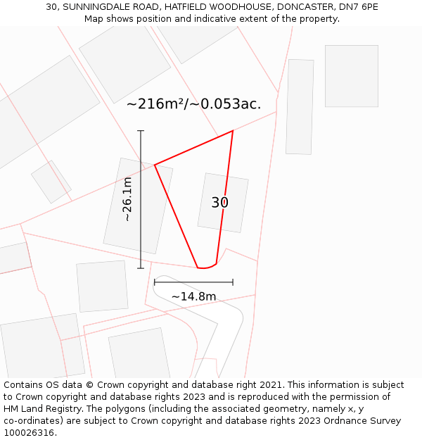 30, SUNNINGDALE ROAD, HATFIELD WOODHOUSE, DONCASTER, DN7 6PE: Plot and title map