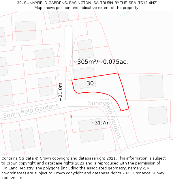 30, SUNNYFIELD GARDENS, EASINGTON, SALTBURN-BY-THE-SEA, TS13 4NZ: Plot and title map