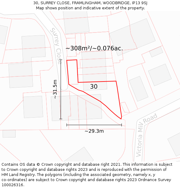 30, SURREY CLOSE, FRAMLINGHAM, WOODBRIDGE, IP13 9SJ: Plot and title map