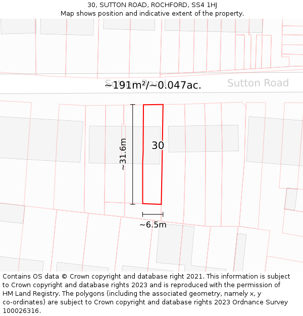 30, SUTTON ROAD, ROCHFORD, SS4 1HJ: Plot and title map