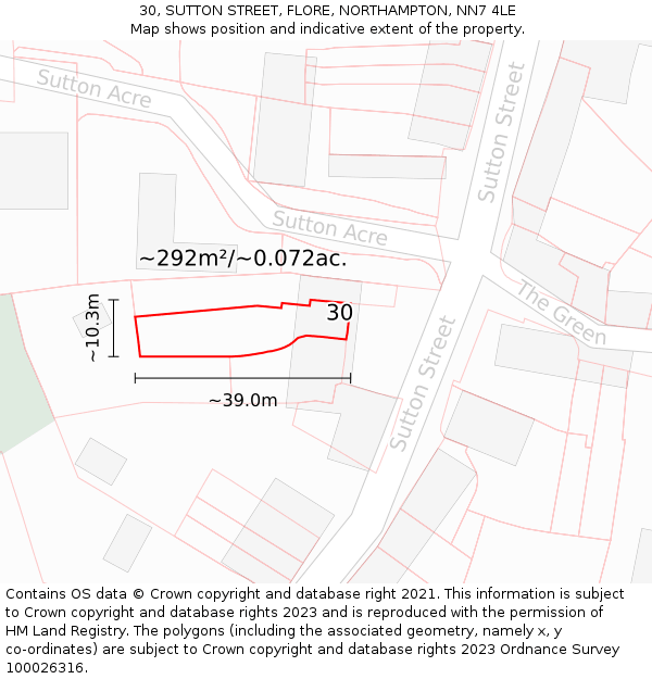 30, SUTTON STREET, FLORE, NORTHAMPTON, NN7 4LE: Plot and title map