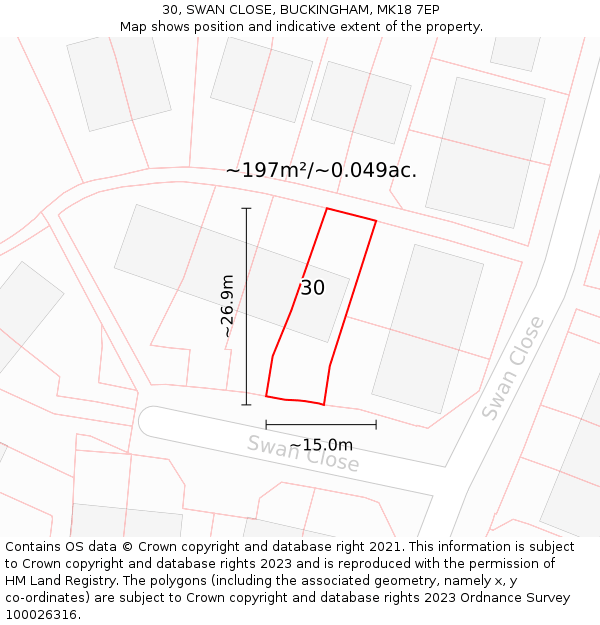30, SWAN CLOSE, BUCKINGHAM, MK18 7EP: Plot and title map