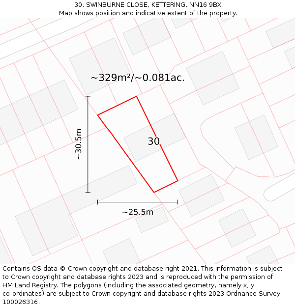 30, SWINBURNE CLOSE, KETTERING, NN16 9BX: Plot and title map