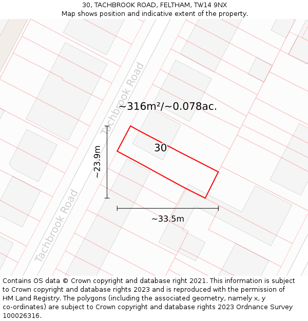 30, TACHBROOK ROAD, FELTHAM, TW14 9NX: Plot and title map