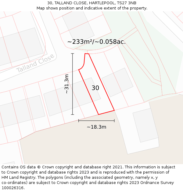 30, TALLAND CLOSE, HARTLEPOOL, TS27 3NB: Plot and title map