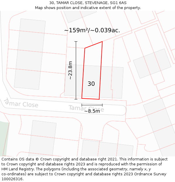 30, TAMAR CLOSE, STEVENAGE, SG1 6AS: Plot and title map