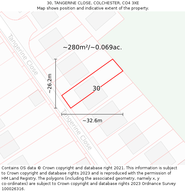 30, TANGERINE CLOSE, COLCHESTER, CO4 3XE: Plot and title map