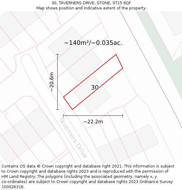 30, TAVERNERS DRIVE, STONE, ST15 8QF: Plot and title map