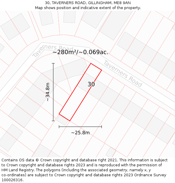 30, TAVERNERS ROAD, GILLINGHAM, ME8 9AN: Plot and title map