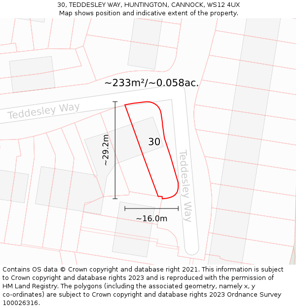 30, TEDDESLEY WAY, HUNTINGTON, CANNOCK, WS12 4UX: Plot and title map