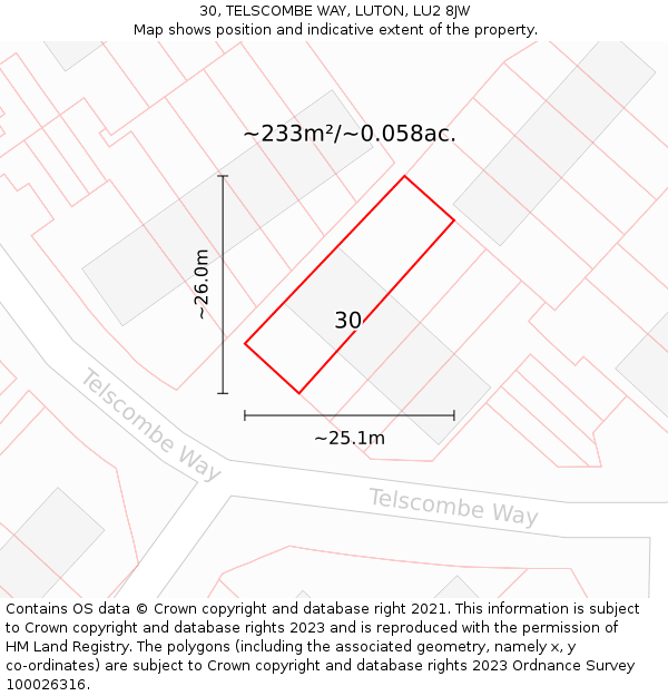 30, TELSCOMBE WAY, LUTON, LU2 8JW: Plot and title map