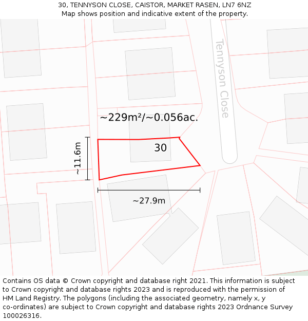 30, TENNYSON CLOSE, CAISTOR, MARKET RASEN, LN7 6NZ: Plot and title map