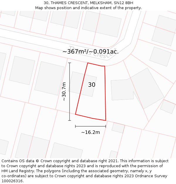 30, THAMES CRESCENT, MELKSHAM, SN12 8BH: Plot and title map