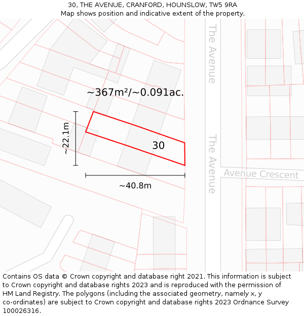 30, THE AVENUE, CRANFORD, HOUNSLOW, TW5 9RA: Plot and title map