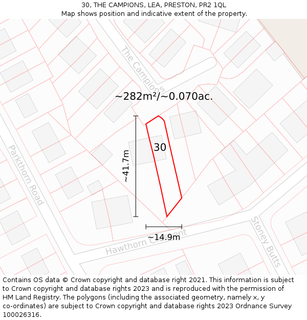 30, THE CAMPIONS, LEA, PRESTON, PR2 1QL: Plot and title map